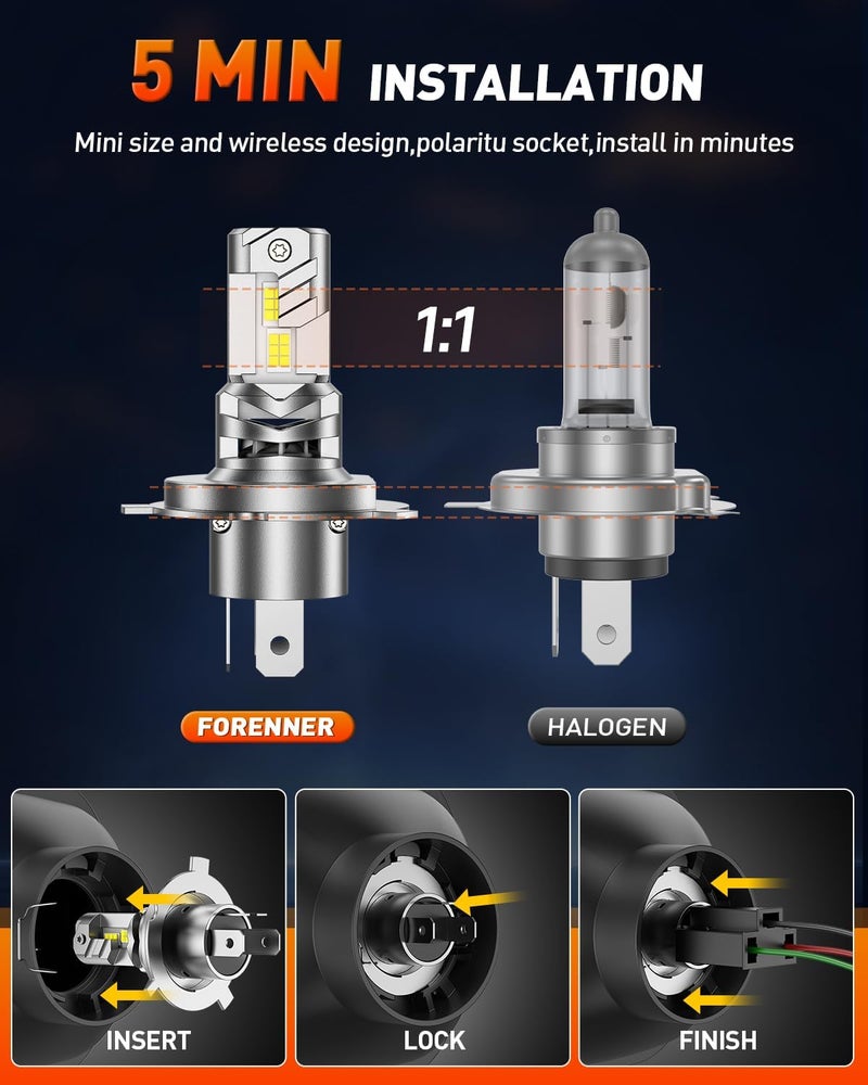 forenner H4 Light Bulb, 800% Super Bright 6500K Cool White, Real 1:1 Design, 9003 Fog Light bulbs with Turbofan, 50000 Hrs Long Service Life, Plug and Play, IP68 Waterproof, Pack of 2 - Image 4
